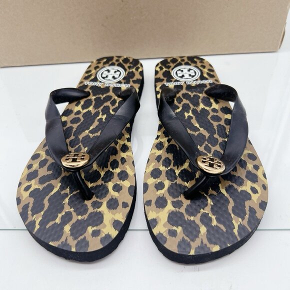 Tory Burch Eva Sole Flip Flops Black Leopard Print Logo Thong Sandal Womens US 5 - Picture 5 of 12